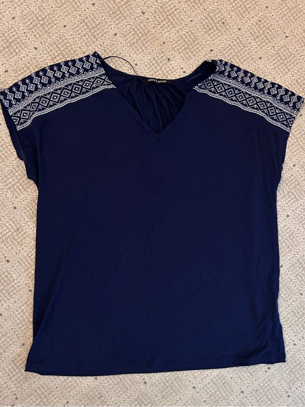 Cable & Gauge Navy Short-Sleeve Top with White Embroidered Shoulders
